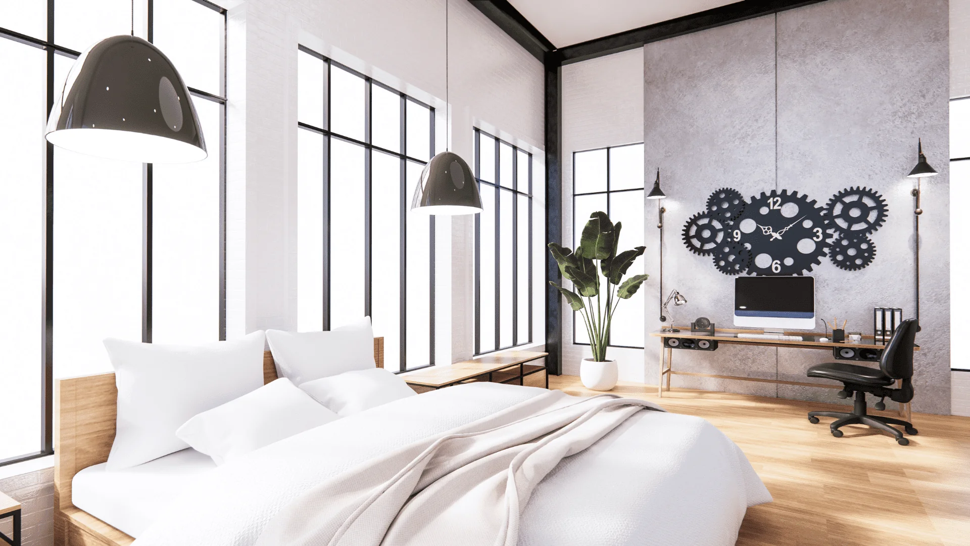 Modern Kleena bedroom with a bed, desk, and decorative wall art.