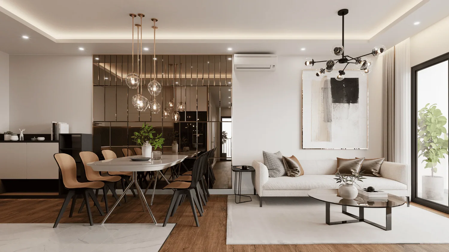 Modern Kleena living room with a dining area, white sofa, and stylish decor.
